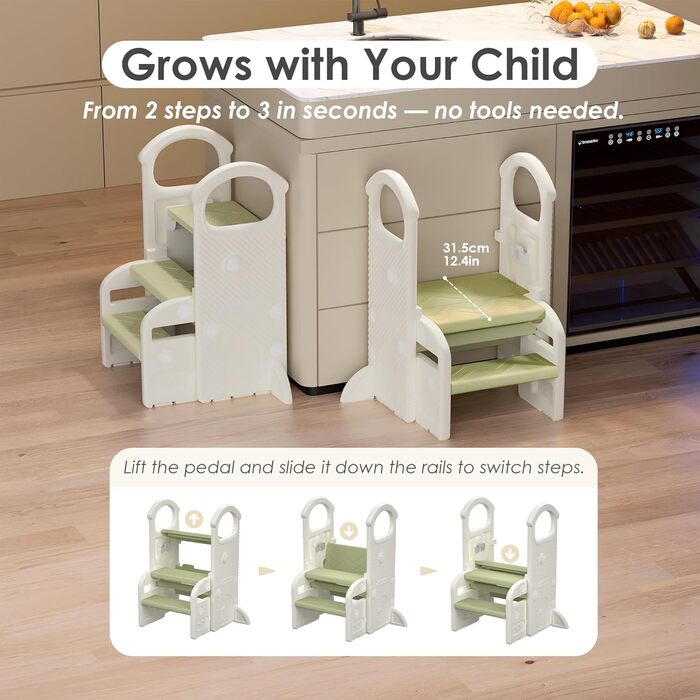 Триттхокер Hoopyosms для дітей, 2/3-рівневий, регульована висота, складаний, з поручнями, антиковзаюча поверхня, для ванної та кухні, підходить для малюків (зелений)