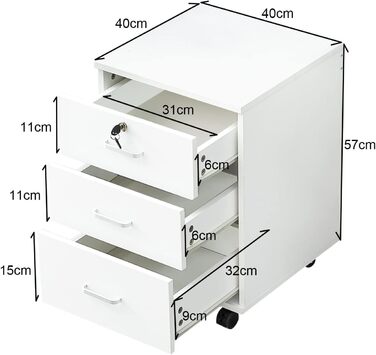 Тролейний контейнер TUKAILAI з 3 висувними ящиками, замок, для офісу, білий