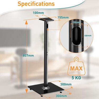 Підставка для колонки Sonos Era 300 ELIVED, підлоговий стійка зі скляною основою, висота 80.7 см, чорна, 1 пара (EV5026)