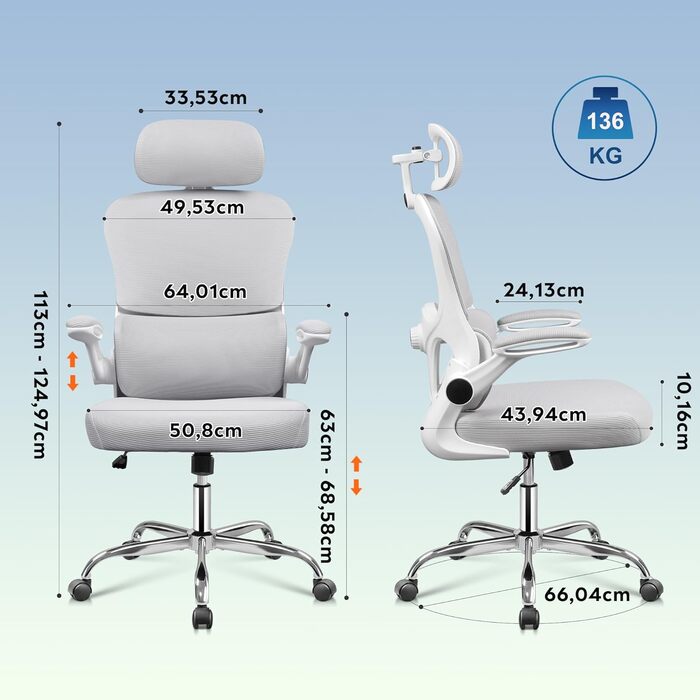 Офісне крісло Devaise Ergonomічне, з підтримкою попереку, 3D-підголівник, регульовані підлокітники, дихаюча сітка спинки, функція гойдання, для офісу та дому, до 150 кг, сірого кольору