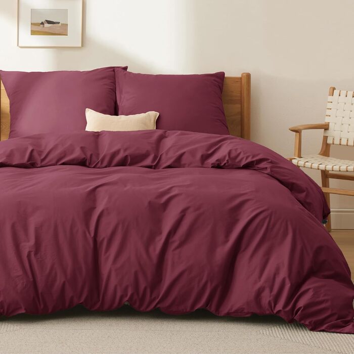 BEDSURE Комплект постільної білизни 135x200, бавовна, 4-х частинний - комплект постільної білизни, простирадло та 2 наволочки 80x80 см, Oeko-TEX, трав'яний колір з блискавкою (155 x 220 см, бордовий)