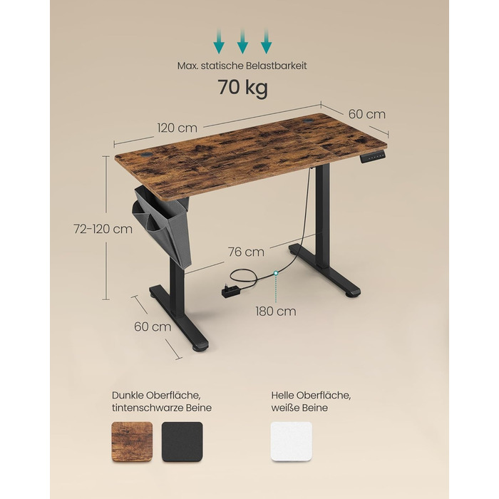SONGMICS Електричний стіл для роботи, 120x60 см, регулювання висоти, пам'ять на 4 положення, для офісу, вінтажний коричневий, LSD132K01