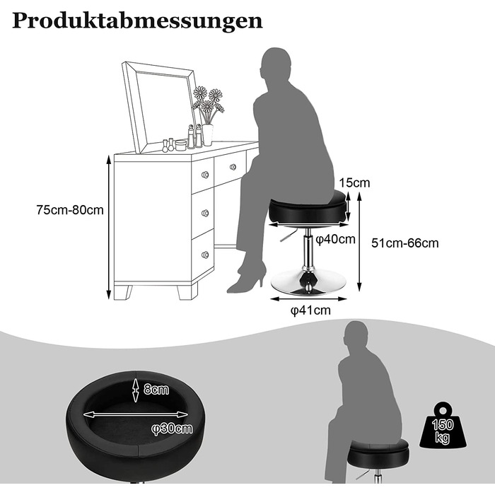 Поворотний стілець COSTWAY з регульованою висотою 51-66 см, стілець для сидіння зі штучної шкіри з місцем для зберігання, стілець для макіяжу з можливістю повороту на 360 (чорний)