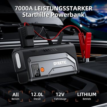 Powerbank Starthilfe 7000A: Автомобільний пусковий пристрій для 12V авто, бензин та дизель (до 12.0L), з LED ліхтариком та USB зарядкою
