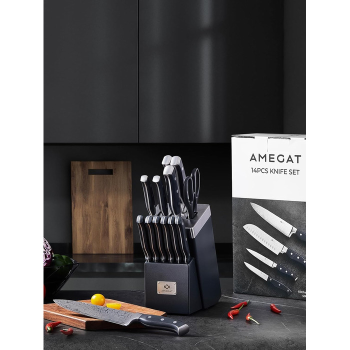 Набір ножів Amegat 14 предметів: кухонний набір з самозаточуванням, нержавіюча сталь, з ергономічними ручками