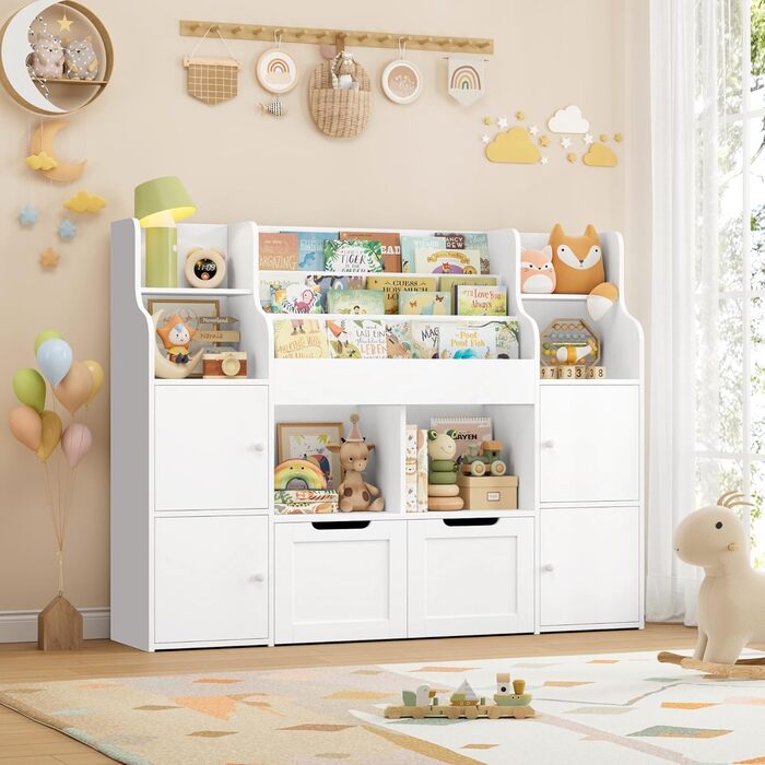 FOREHILL Дитяча полиця-стелаж для іграшок та книг, меблі для дитячої кімнати з ящиками, 122 x 30 x 100 см (білий)