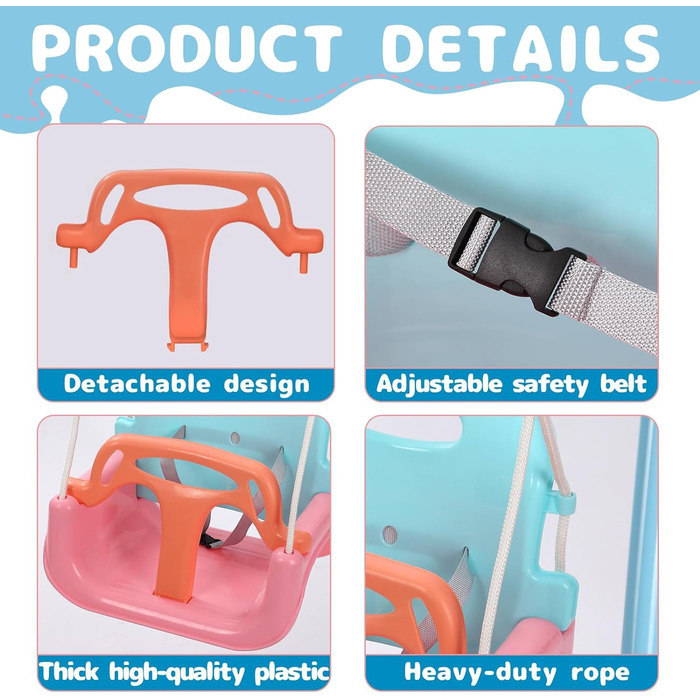 Дитяча гойдалка-шезлонґ 3-в-1 для дому та вулиці з металевим каркасом, рожева. Підходить для дітей від 6 місяців до 10 років