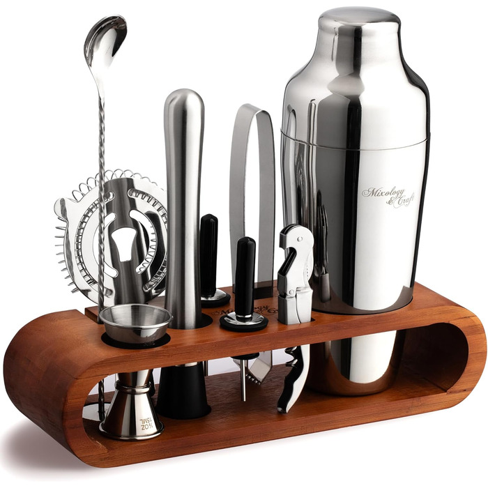Набір для приготування коктейлів Mixology & Craft Cocktail Set (10 предметів) - Набір шейкерів для коктейлів з нержавіючої сталі з аксесуарами для бару на дерев'яній бамбуковій підставці - Декоративний подарунковий набір - Сріблястий