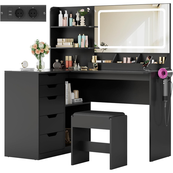 Дзеркальний столик для макіяжу Devoko з LED-підсвічуванням та пуфом, кутовий туалетний столик з розеткою, 5 ящиків, відкриті полиці, тримач для фену, для спальні (Білий) (Чорний)