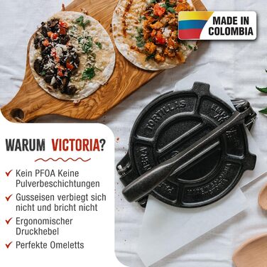 Прес для тортилій Victoria, чавун, 20 см: для тако, арепа, кесаділья, емпанада, патакон