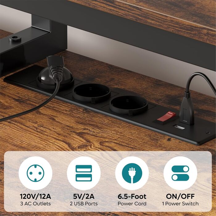 Ігровий стіл Bestier 181x80 см з LED-підсвіткою, L-подібний, 3 розетки AC, 2 USB, для комп'ютера, з великою платформою для монітора, карбон (коричневий)