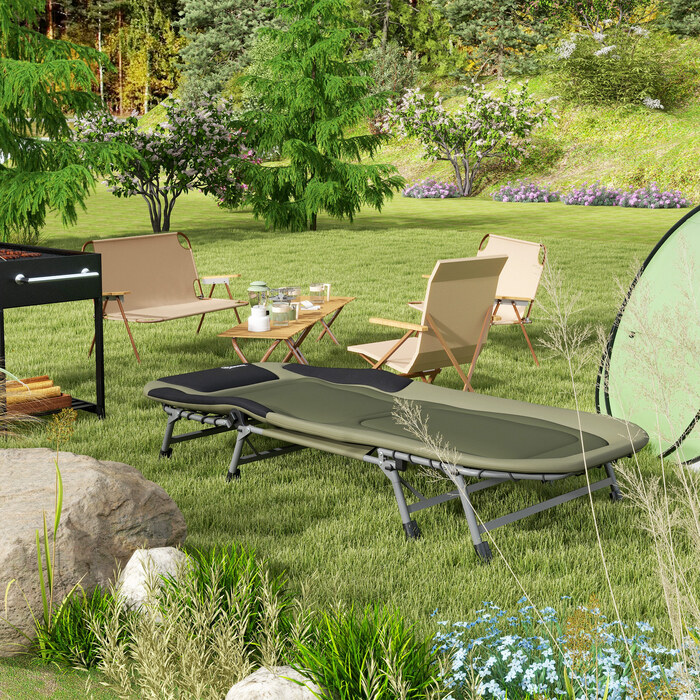 Outsunny Camping Bed Camp Bed Розкладне дорожнє ліжко Регульоване розкладне ліжко до 180 кг Завантажується для вулиці Oxford Green | Аосом