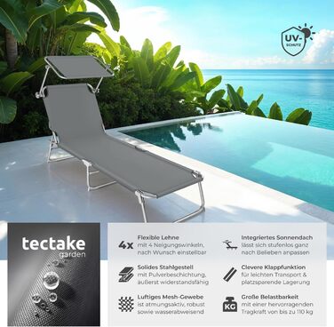 Шезлонг для саду Tectake з сонцезахистом, розкладний, для балкона/тераси, з регульованою спинкою, пляжний, до 110 кг - сірий