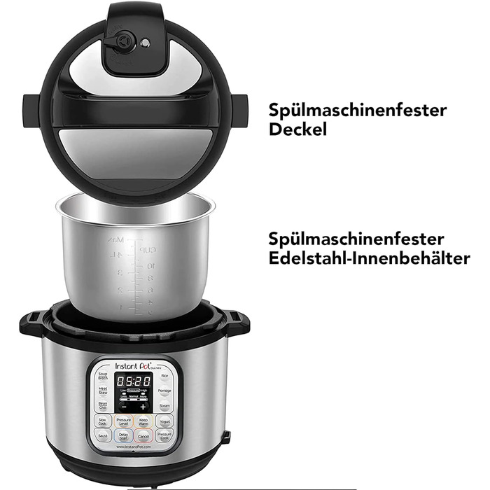 В-1 Smart Cooker 5.7 л - скороварка, мультиварка, рисоварка, сотейник, йогуртниця, пароварка та підігрівач їжі, чорна/нержавіюча сталь (Duo, 3L), 7-