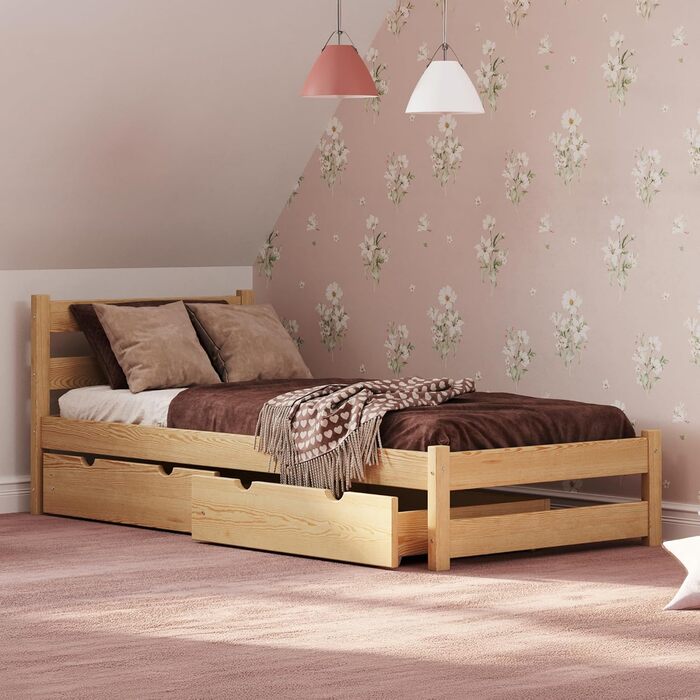 Дитяче ліжко Врубель 90x200 см з 2 шухлядами та ламелями - односпальне ліжко з масиву сосни - ліжко Монтессорі для дітей - ліжко-юніор білого кольору - без матрацу