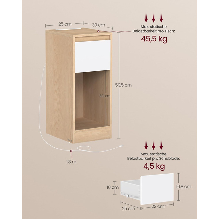 Приліжкова тумбочка VASAGLE з LED-підсвічуванням, USB-A та USB-C, шухляда та відкрите відділення, для спальні/вітальні, білий колір (LET60W0)