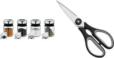 Набір шейкерів для спецій WMF Depot з 4 предметів, 100 мл, банка для спецій, шейкер для спецій, скляні і сенсорні кухонні ножиці 21 см, побутові ножиці з ножівкою, кромарганская нержавіюча сталь, м'яка ручка, чорний комплект з кухонними ножицями 21 см