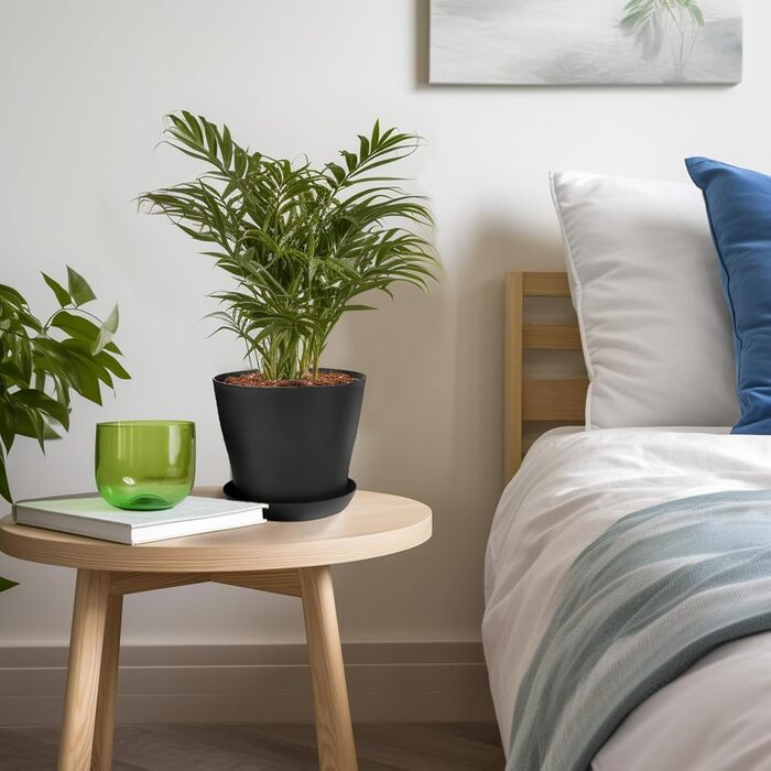 KINGLAKE Набір горщиків для квітів 8 шт. 17 см, пластикові горщики для рослин, кактусів, сукулентів з підставкою (Чорний, 14 см)