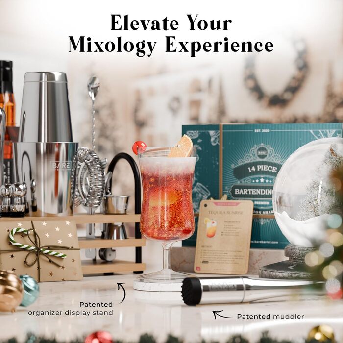 Набір для бармена Bare Barrel Pro: 14 предметів, Boston Shaker, стійка, рецепти, 28oz, професійний