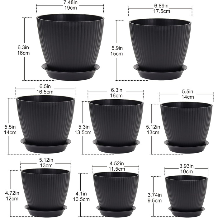 Набір горщиків для квітів з підставкою (8 шт.) 19/17.5/16.5/16/14/13/11.5/10 см, пластик, чорний, для дому та балкону