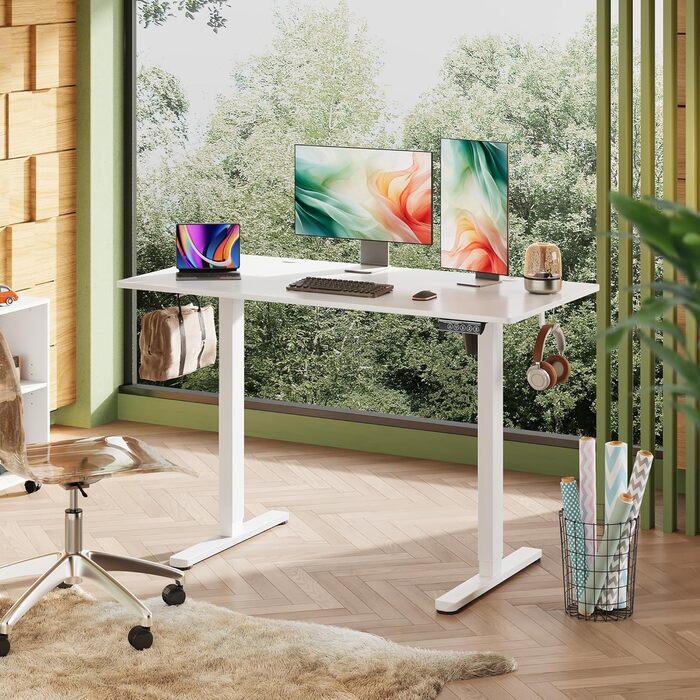 Регульований стіл Devaise 100x60 см з однією стільницею та тихим мотором, стіл для стояння та сидіння з функцією пам'яті на 3 положення, ергономічний комп'ютерний стіл для офісу, білий (120x60 см, білий)