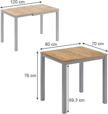 Розсувний стіл Vicco Esstisch Granny, дуб/сірий, 120 x 70 см, розтягується до 80-120 x 76 x 70 см