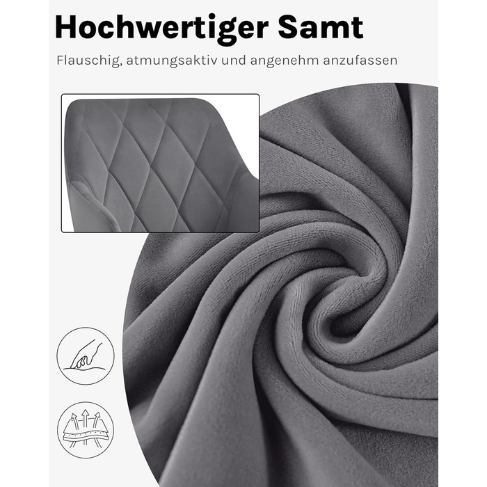 Набір обідніх стільців WOLTU з підлокітниками та спинкою, для кухні, вітальні, їдальні, м'який оксамитовий чохол, металеві ніжки, темно-сірий, 8 шт.