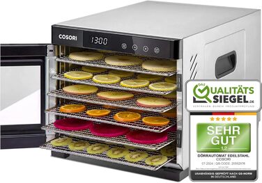 Сушарка для їжі COSORI з нержавіючої сталі, 6-ярусна, з 50 рецептами, 6 лотків, 3 сітки, 3 килимки, площа 0,6 м², таймер 48 год, LED-дисплей (35°-75°C), 650W