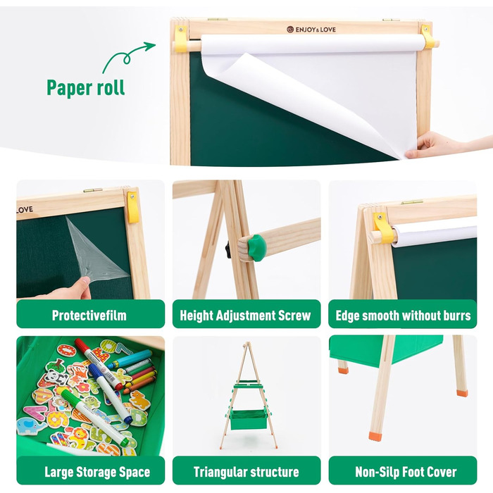 Дитяча мольберт-трансформер з паперовим рулоном, дошками для малювання та аксесуарами. Регульована висота 90-110 см. Дошка з покриттям для сухого стирання.