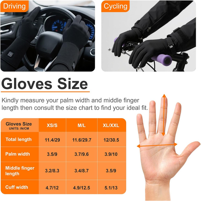 Електричні гріючі рукавички для жінок та чоловіків, USB, 3 режими нагріву, сенсорний екран, водонепроникні, чорні (XL/XXL)