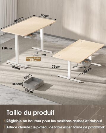 Регульований стіл Devoko: електричний, 140x80 см, з ящиками, USB-порт, органайзер для кабелів, стоячий стіл з пам'яттю, білий