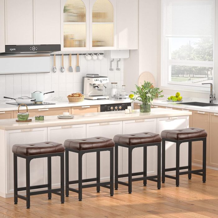 Барні стільці Aheaplus 2 шт. 61 см (24 дюйми) з підніжкою, PU шкіра, металевий каркас, для кухні, бару, острова, коричневі
