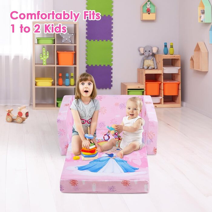 Дитяче крісло-диван 2 в 1 з кишенькою та антиковзаючим подушкою, розкладне, для спальні, вітальні, ігрової кімнати (Принцеса)