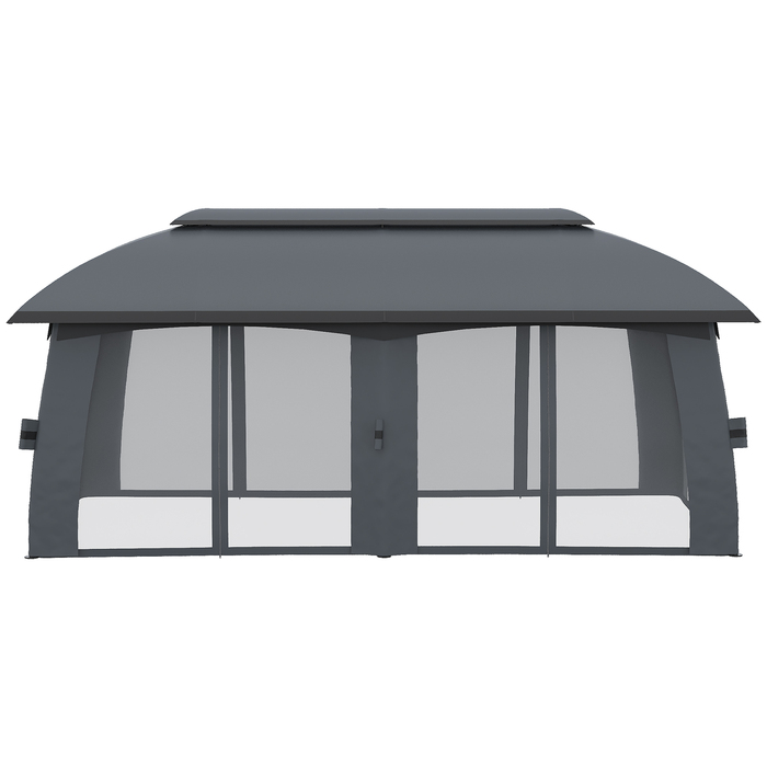 Намет для вечірок Outsunny Garden Pavilion 3 x 6 м з подвійним дахом і бічними стінками, сітки від мух до 15 осіб, оцинкований метал, темно-сірий