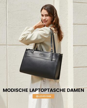 LOVEVOOK Сумка для ноутбука 15.6 дюймів, жіноча, велика, водонепроникна, сумка-шоппер, ділова, з PU шкіри, для офісу, навчання, чорна