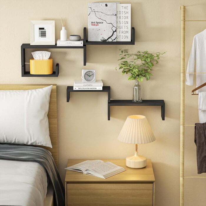 Полиця настінна SRIWATANA біла 5 шт., дерев'яна, плаваючі полиці до 40 кг, сучасна настінна полиця для декору, DIY монтаж для вітальні, ванної, спальні, офісу, кухні (Чорний)