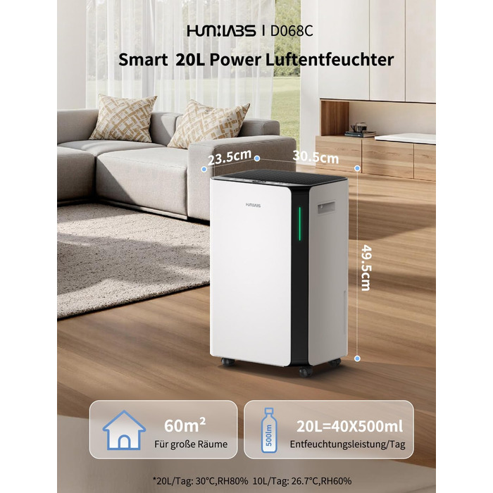 Електричний осушувач повітря HUMILABS 20L з Wi-Fi, для приміщень до 60 м², з гофрованим шлангом, резервуар 4,5л, 3 режими, таймер 24г, білий