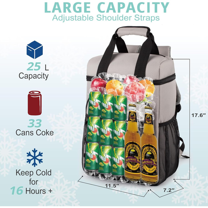 Рюкзак-холодильник з м'яким ручним захопленням, легкий та ізольований, водовідштовхуючий, велика місткість – ідеальний для жінок та чоловіків для пляжу, кемпінгу, пікніка, риболовлі та піших прогулянок (Сірий)