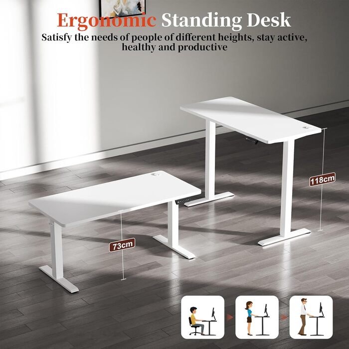 Електричний стіл 140x60 см, регулювання висоти, комп'ютерний стіл, без швів, білий