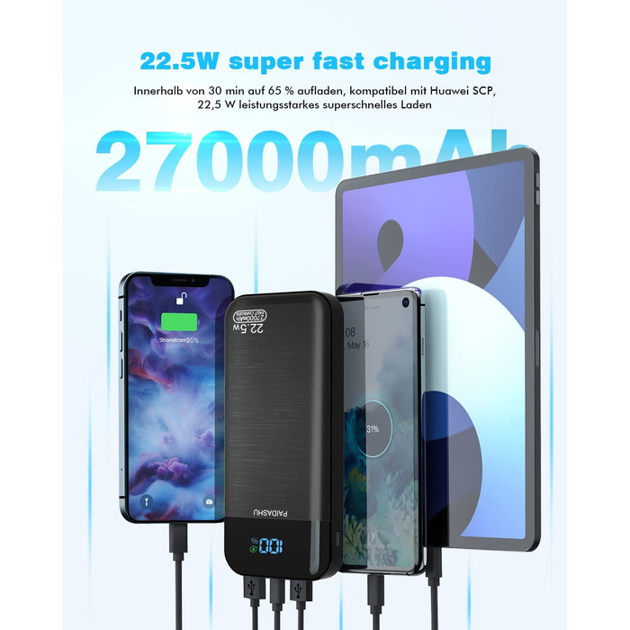 Швидкий зарядний пристрій POWERBANK 27000mAh PD3.0 QC4.0, LCD, 3 виходи, 2 входи, для смартфонів/планшетів