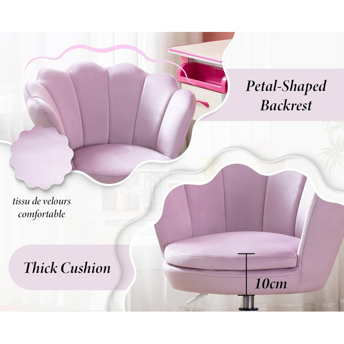 Дитячий стіл для письма Kinder Schreibtischstuhl - регульований, поворотний, з м'якою оббивкою з велюру, квітка, для дівчаток, фіолетовий