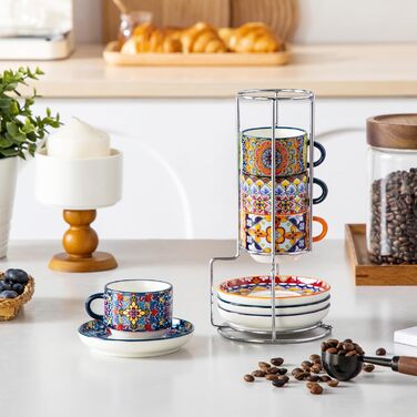 Набір чашок для еспресо Vancasso 4 шт., 150 мл SIMI з підставками та стійкою, керамічні чашки для еспресо, капучино, лате, мокко