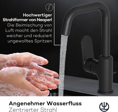 Змішувач для ванної кімнати KLUDI-X1 з висувним зливом, поворотний 360°, висота виливу 205 мм, водозберігаючий, розмір L, з підключенням, чорний матовий