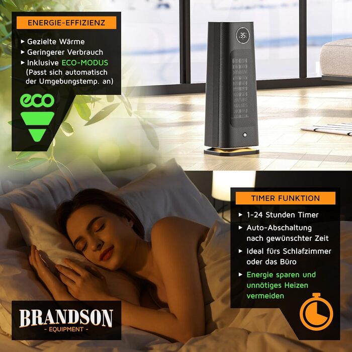 Обігрівач Brandson з пультом керування, 2000 Вт, ECO режим, осциляція, захист від дітей, таймер, LED-підсвічування, для ванної, вітальні, офісу, дитячої кімнати