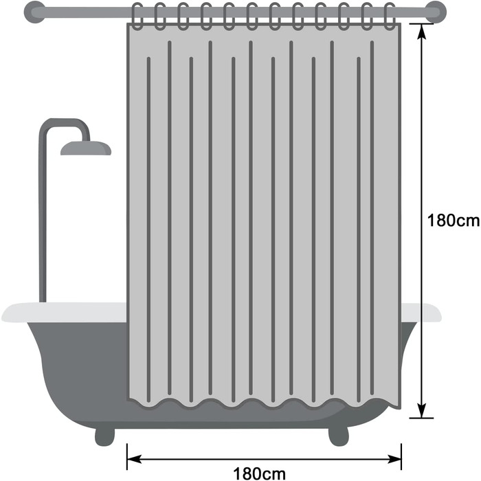 Завіса для душу EurCross 180x200, водонепроникна завіса для душу, текстильна вафельна тканина з поліестеру, що миється завіса для ванної, антибактеріальна проти цвілі, з 12 кільцями для Фіранки для душу (сірий, W180 x H180 см)