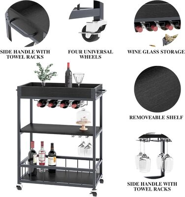 Сервізний візок Huhote з полицею для вина, барний візок, візок для напоїв, візок на колесах, візок для вина в їдальню, кухню, вітальню, бар, на вечірку, з імітацією текстури дерева (чорний, безіржавний кошик)