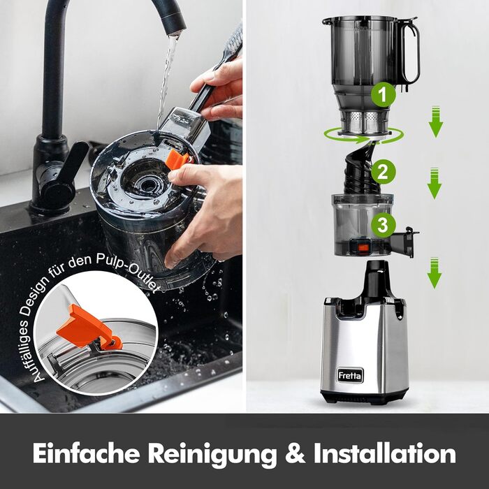 Фреш-прес Fretta Slow Juicer: повільний соковитискач з нержавіючої сталі, 135 мм, 1.8 л, з функцією реверсу, BPA Free, 250W сірий