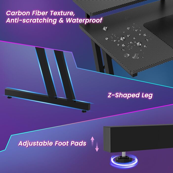 Ігровий стіл Dripex 120x48 см з розетками, USB, підставка для монітора, поверхня з вуглецевого волокна, чорний