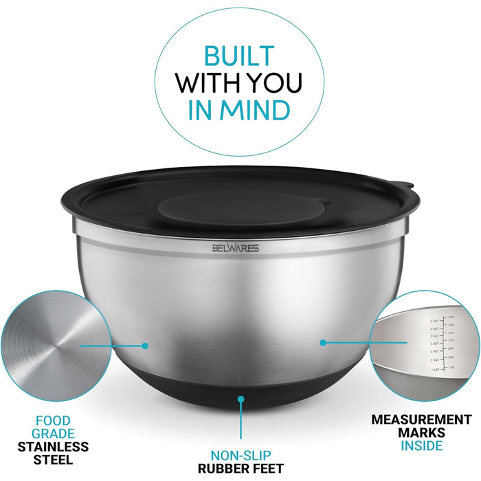 Набір місок для змішування з нержавіючої сталі з кришкою, терткою, ручкою, виливом та герметичним кришкою, антиковзний набір місок для приготування, випічки, зберігання продуктів (3 шт.) Чорний