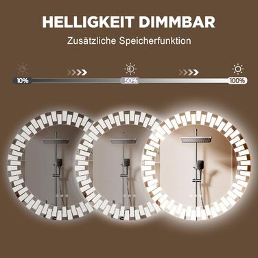 Дзеркало для ванної кімнати YOLEO з підсвічуванням, 70 см, LED, Bluetooth, сенсорне керування, захисне скло, 3 кольори світла